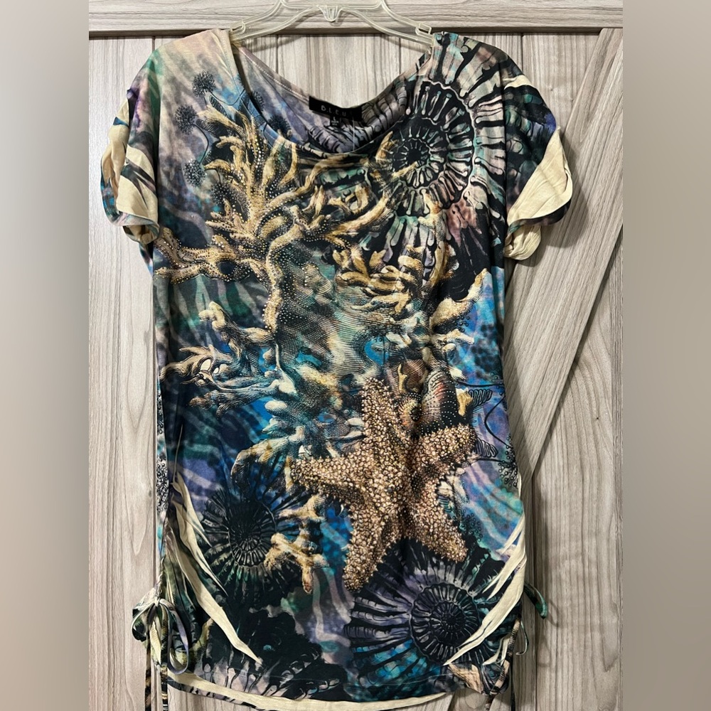 Beaded Top with Starfish and Corral Design by B.L.E.U. Sz L NWT